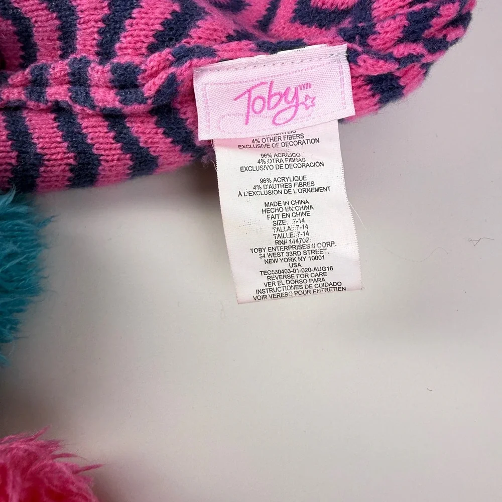 Toby Kids Girls Chevron Hat Scarf Set Pink Navy Blue‎ Pom Poms